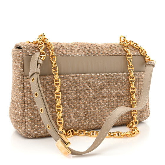 Christian Dior Calfskin Tweed Embroidered Cannage Medium Caro Bag Beige Gold