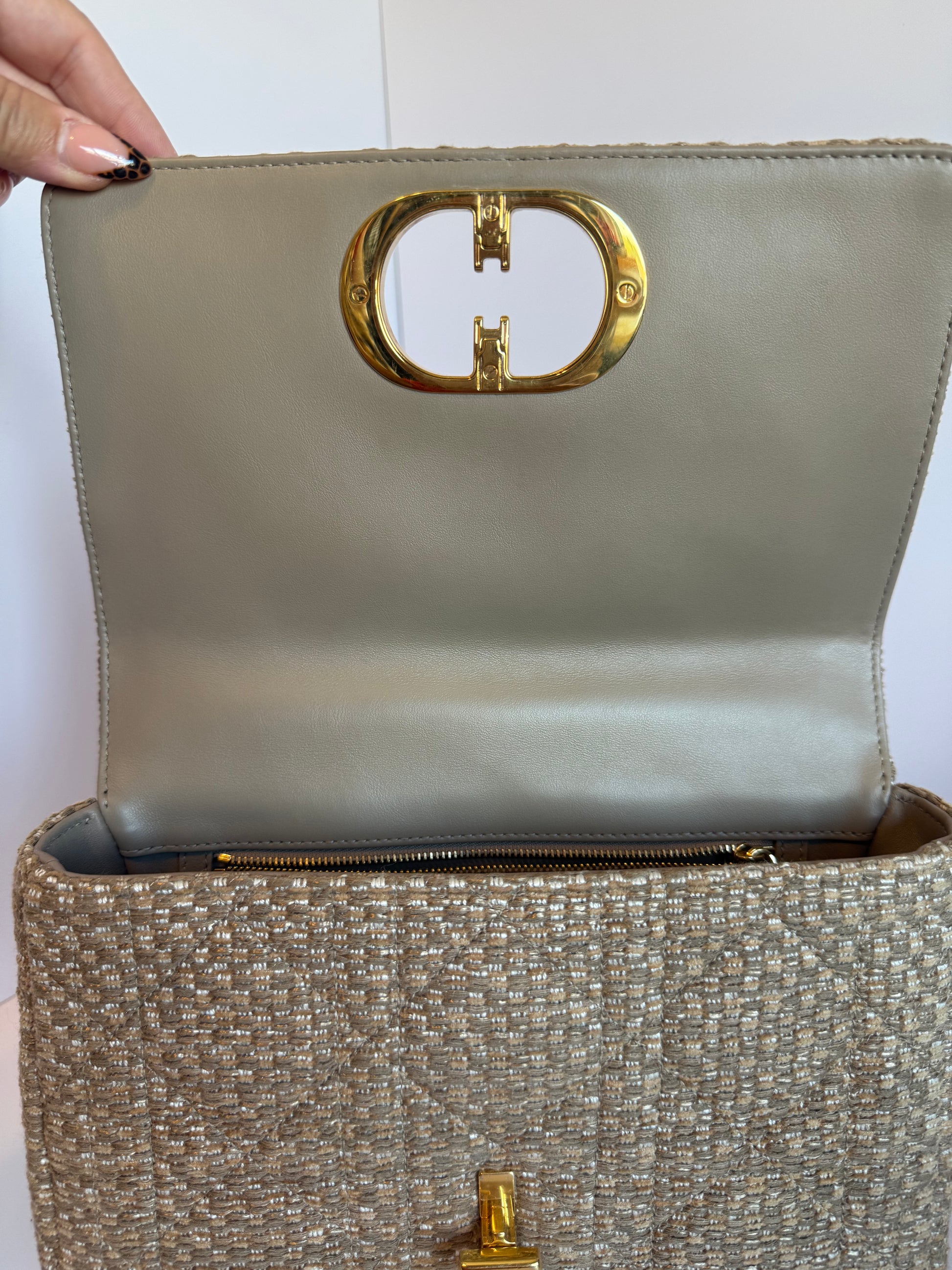 Christian Dior Calfskin Tweed Embroidered Cannage Medium Caro Bag Beige Gold