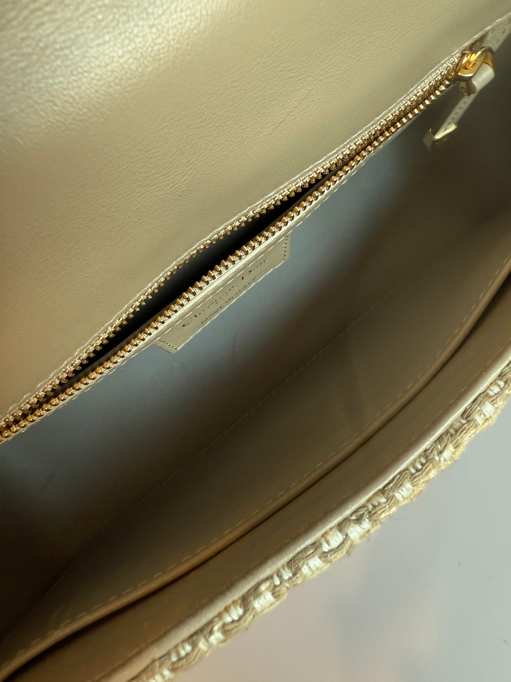 Christian Dior Calfskin Tweed Embroidered Cannage Medium Caro Bag Beige Gold
