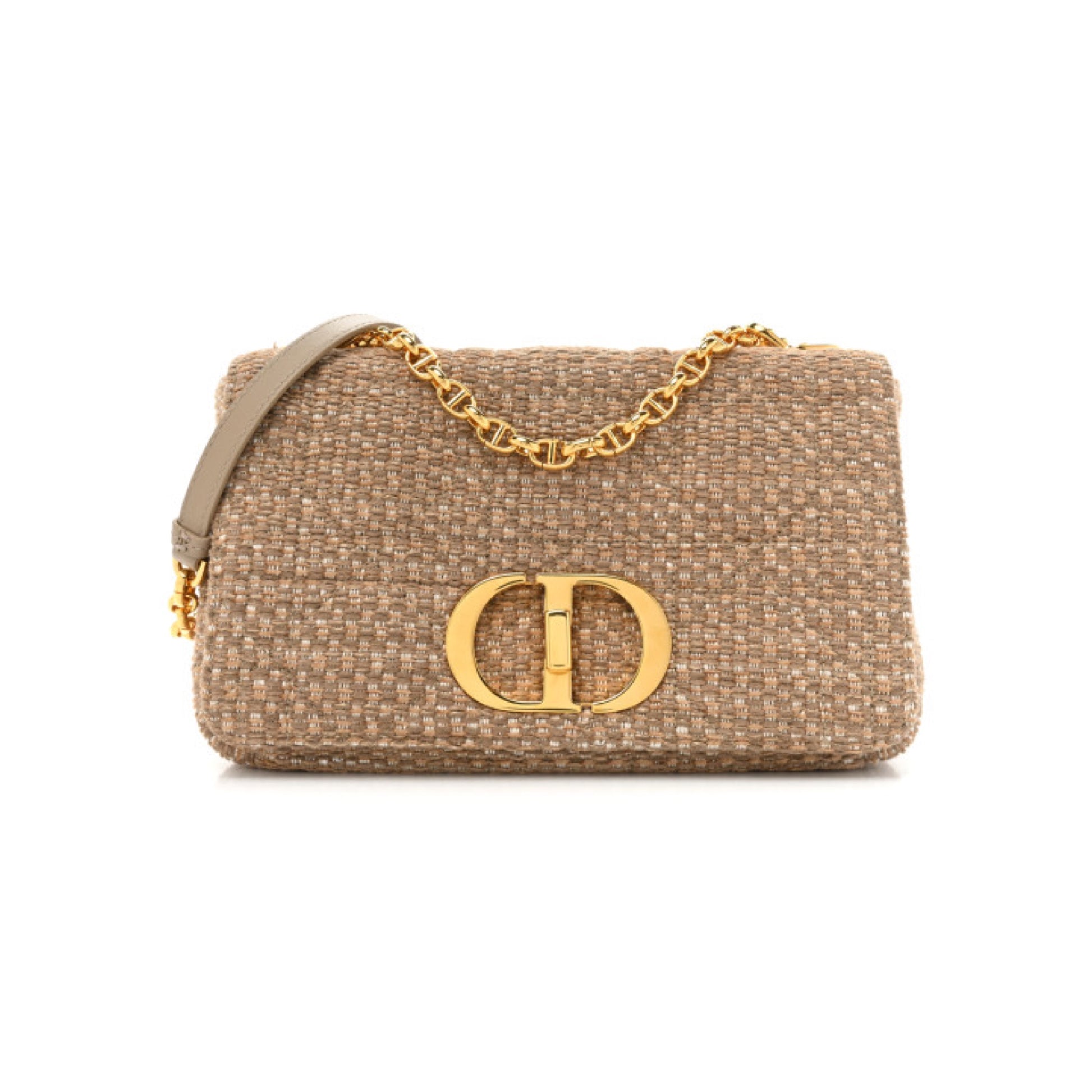 Christian Dior Calfskin Tweed Embroidered Cannage Medium Caro Bag Beige Gold