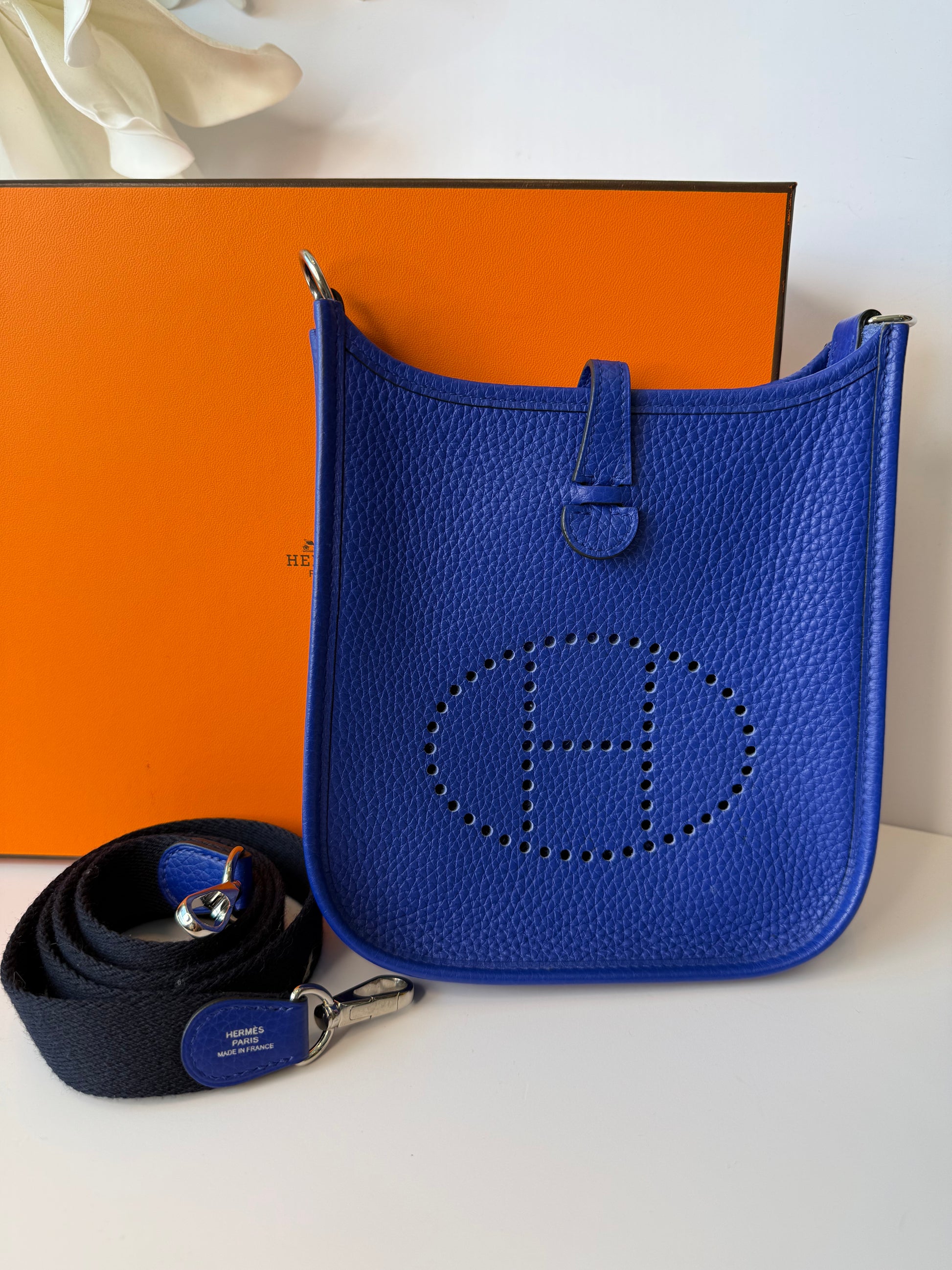 Taurillon Clemence Amazone Evelyne TPM Bleu Electrique with navy strap (rare)