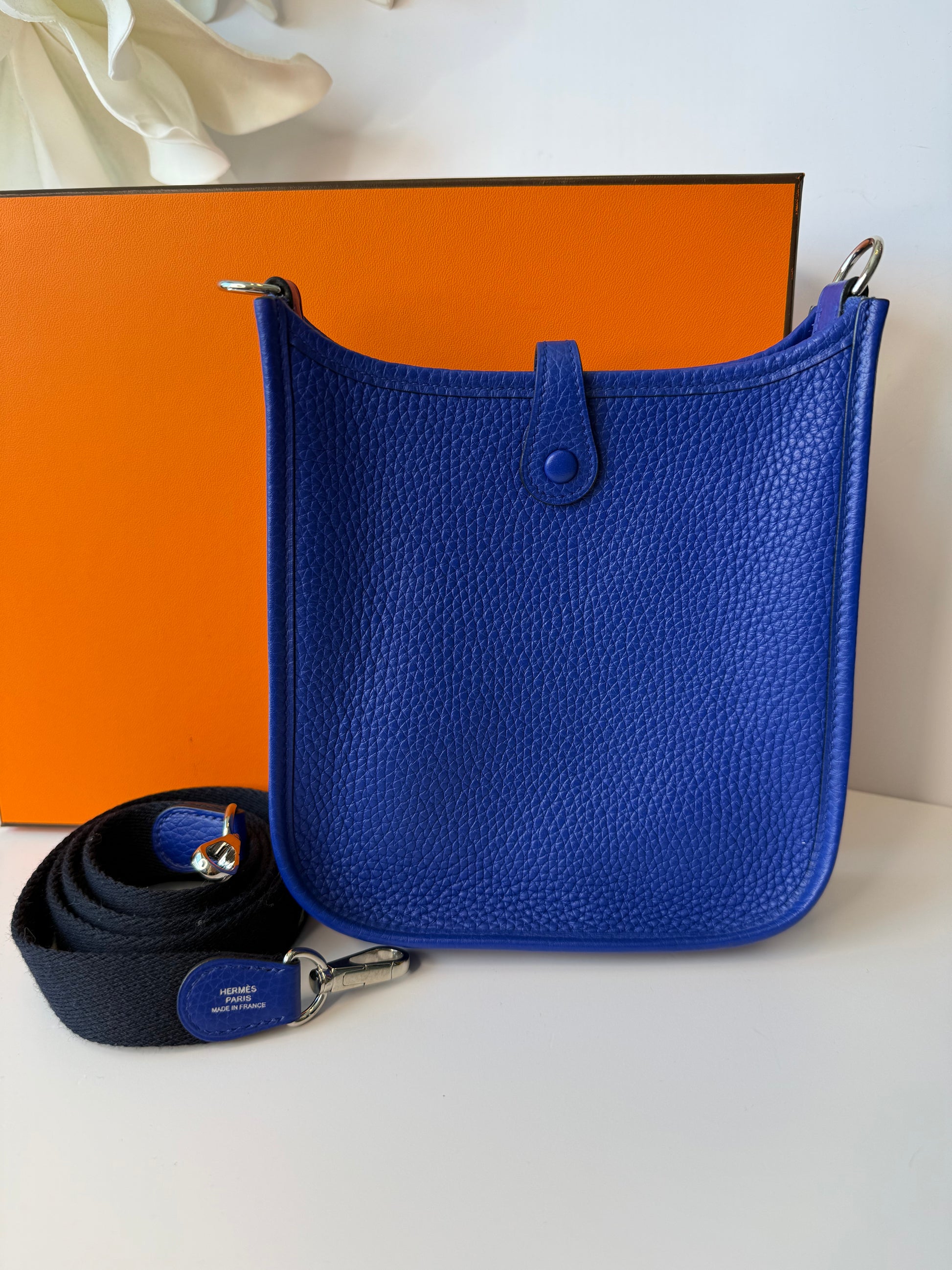 Taurillon Clemence Amazone Evelyne TPM Bleu Electrique with navy strap (rare)