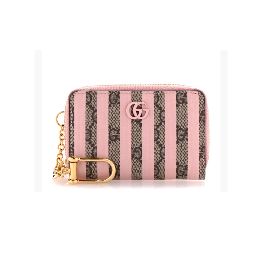 Gucci Supreme Monogram Vitello Eclipse Enamel Striped GG Key Card Case Beige Ebony Pink