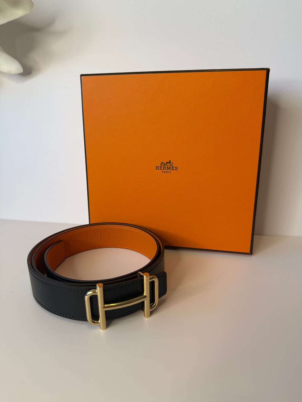 Hermès Royal belt gold-toned H-buckle reversible 32mm noir/orange