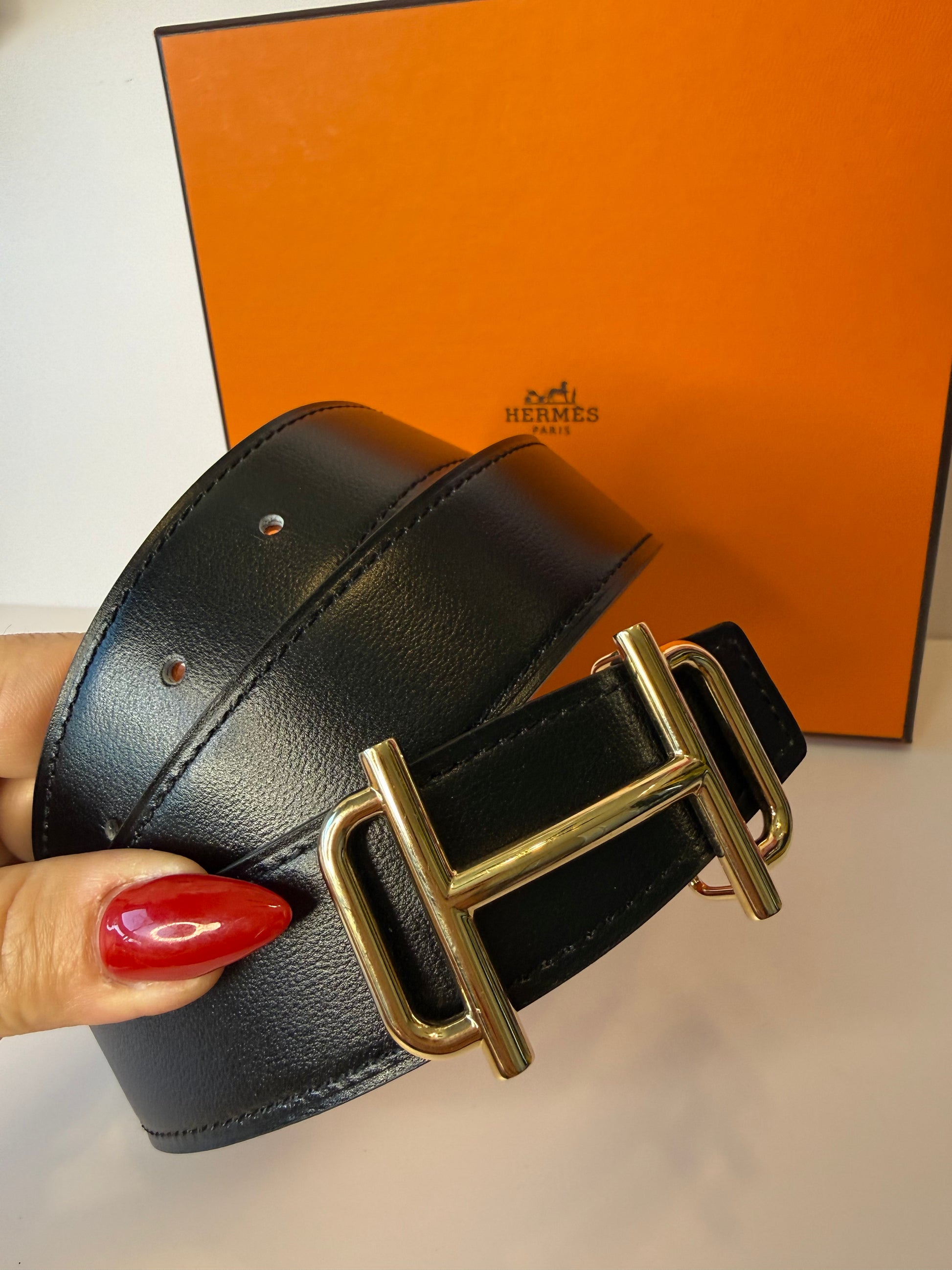 Hermès Royal belt gold-toned H-buckle reversible 32mm noir/orange