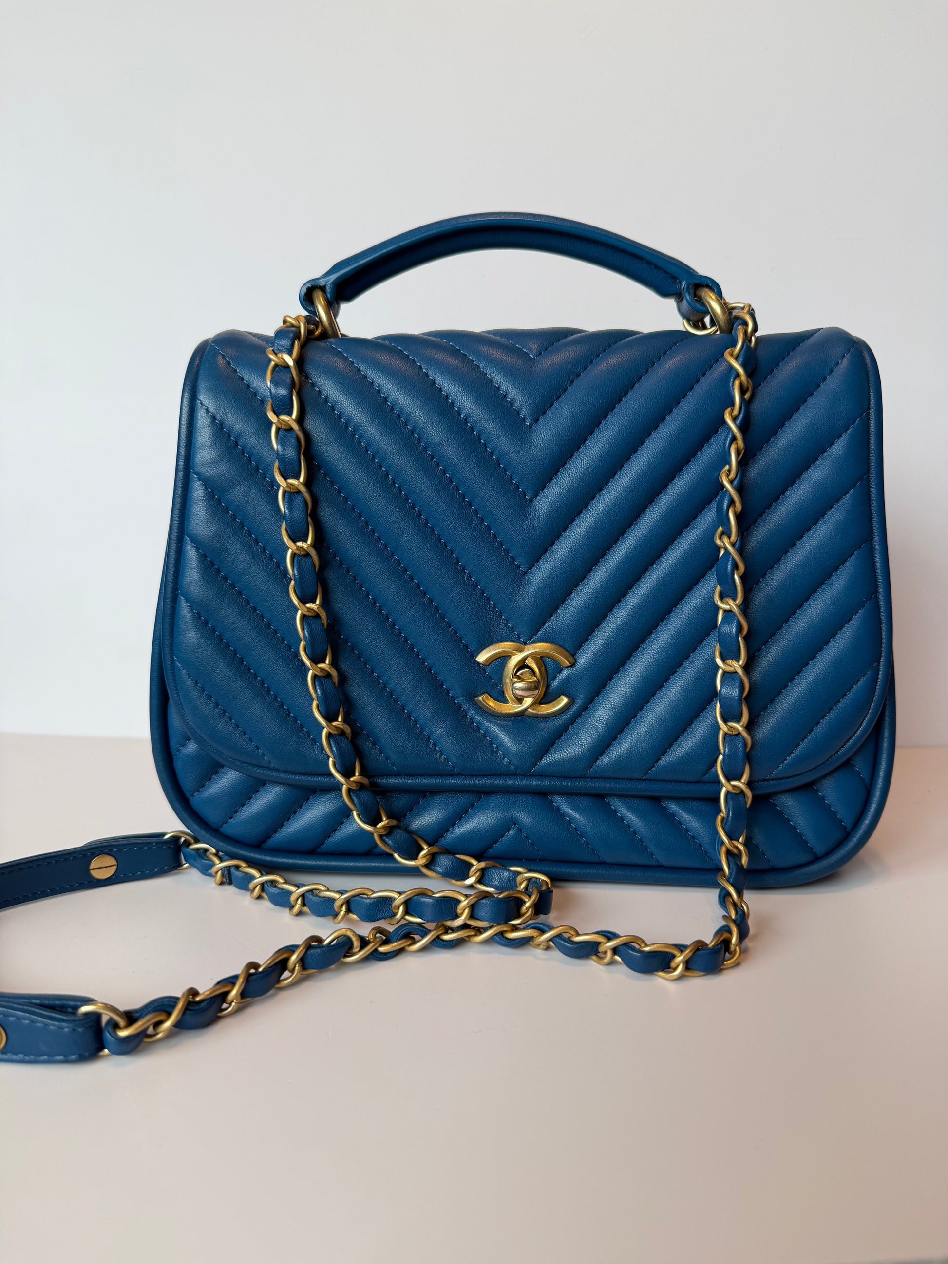 Chanel blue chevron quilted shoulder bag