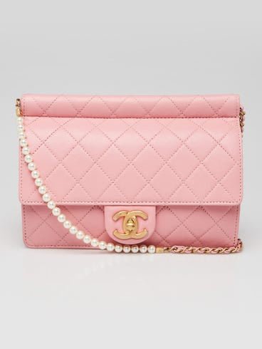 Chanel pearl chain cowhide leather flap bag pink - NIDHALHAUS