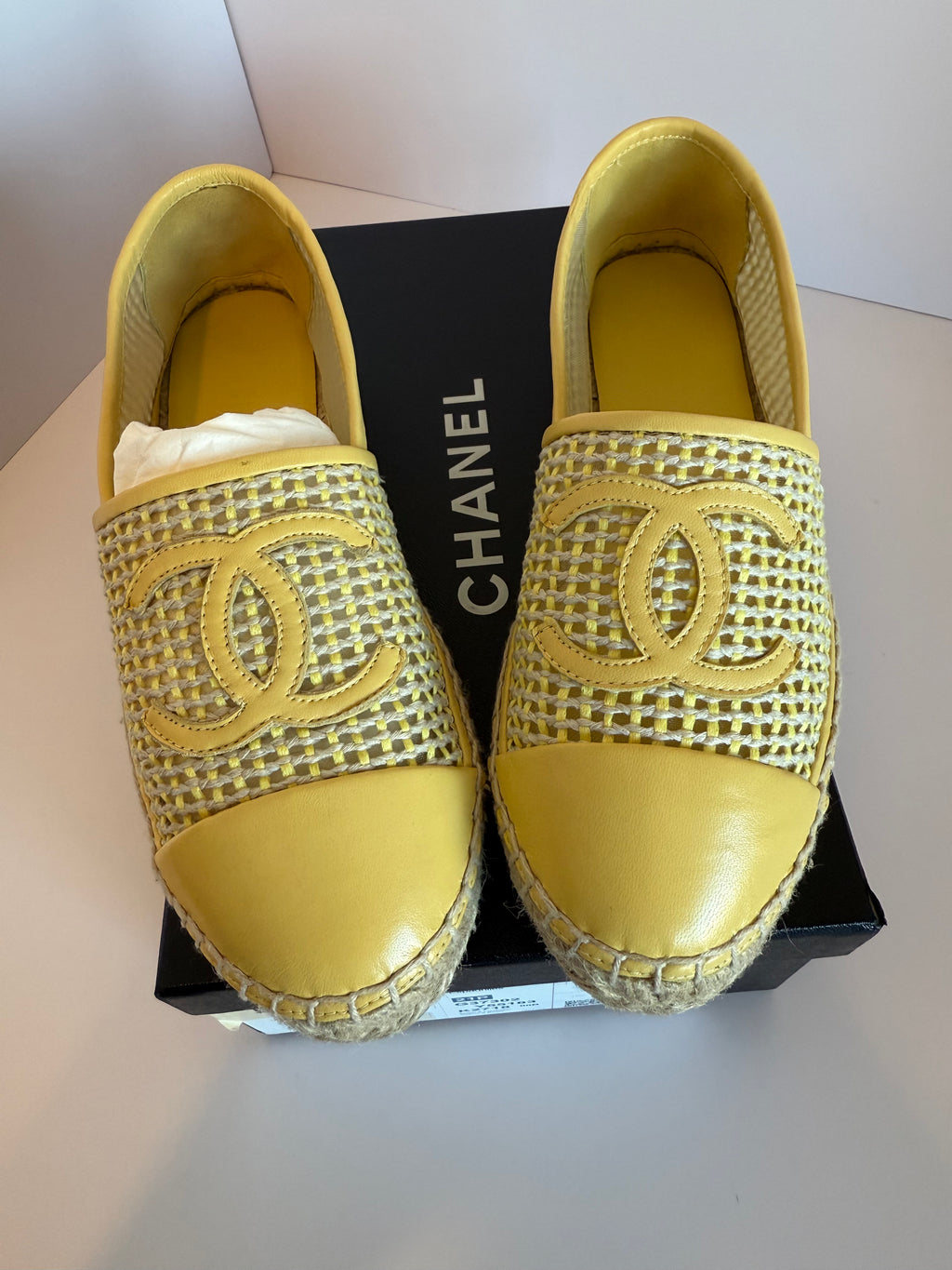 CHANEL Mesh Lambskin CC Espadrilles 37 Yellow Beige