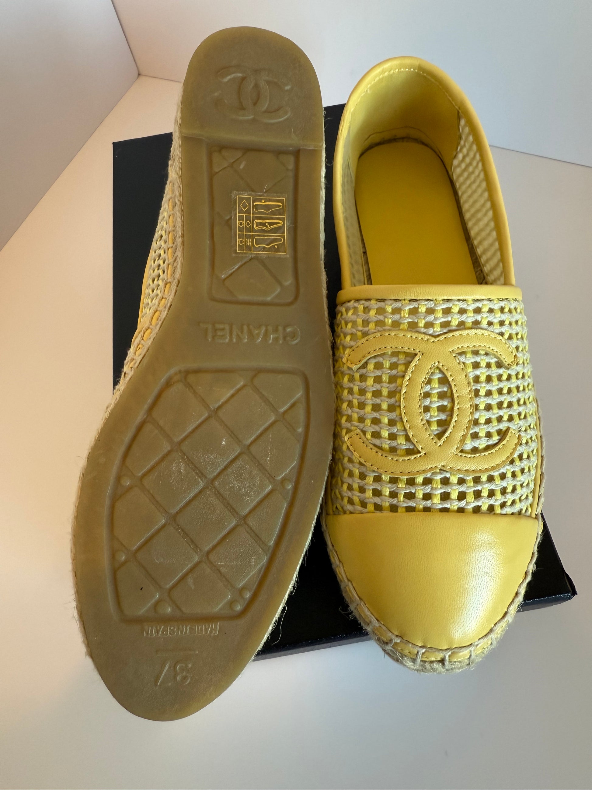 CHANEL Mesh Lambskin CC Espadrilles 37 Yellow Beige