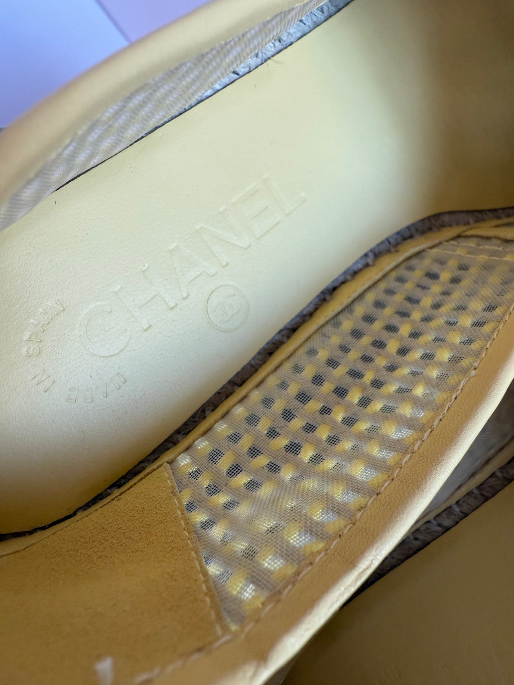 CHANEL Mesh Lambskin CC Espadrilles 37 Yellow Beige