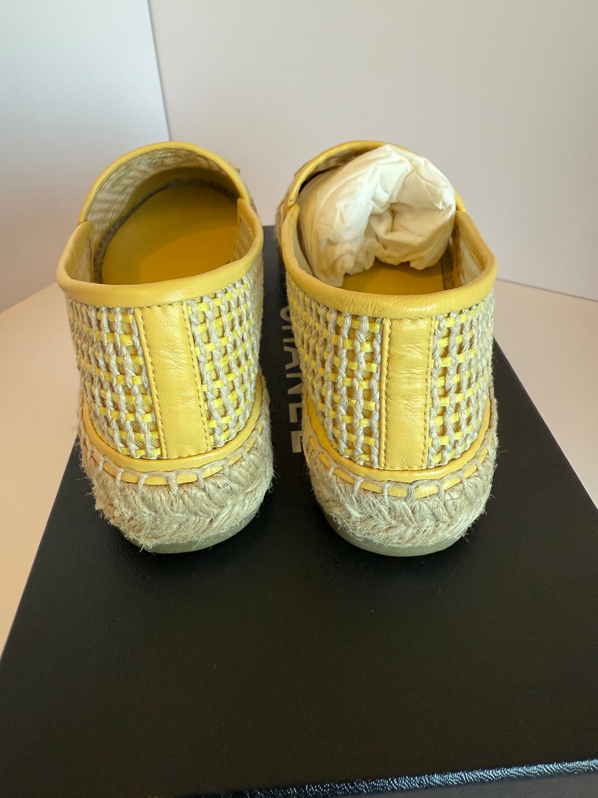 CHANEL Mesh Lambskin CC Espadrilles 37 Yellow Beige