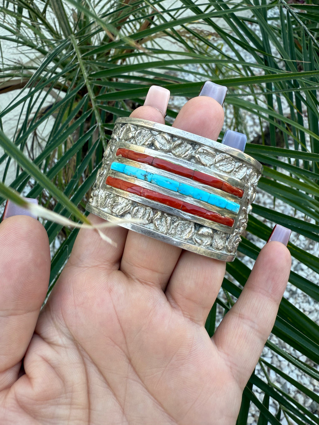 Zuni turquoise and coral cuff bracelet