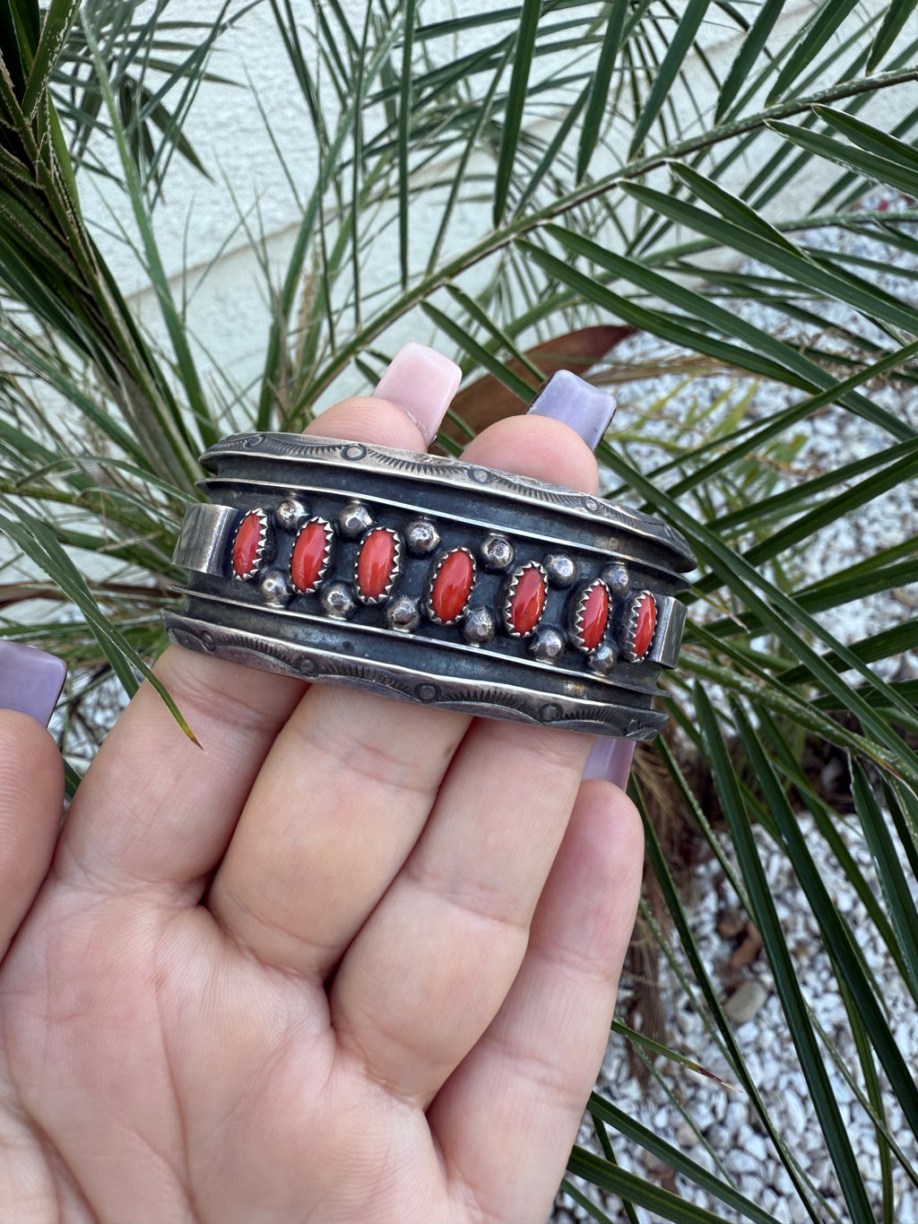 Navajo coral and silver cuff bracelet