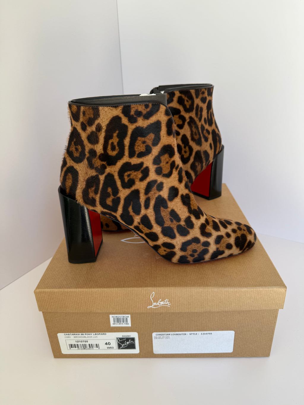 Christian Louboutin Castarika 85 Pony Leopard Black Ankle Block Heel Bootie 40