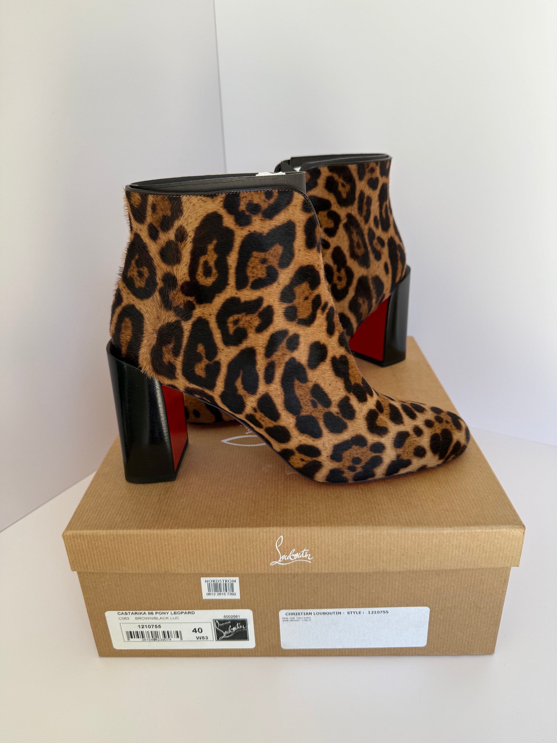 Christian Louboutin Castarika 85 Pony Leopard Black Ankle Block Heel Bootie 40