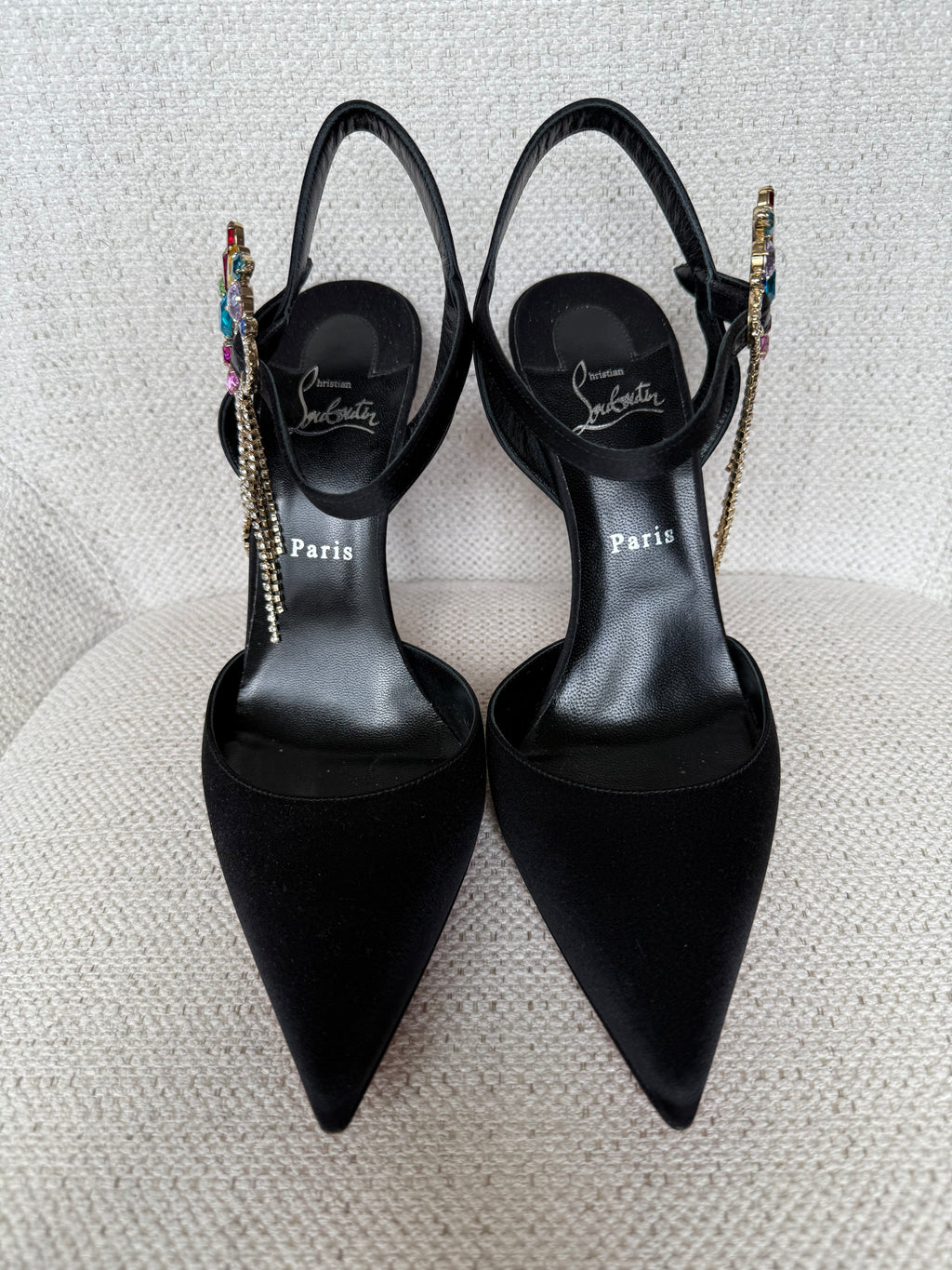 Christian Louboutin Goldina Rain 100 crystal-embellished satin pump in black