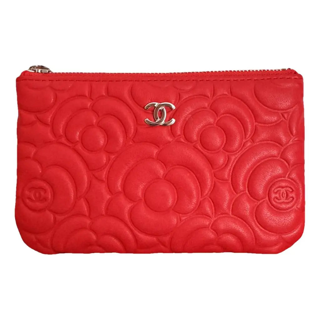 Chanel red leather camellia embossed case pouch