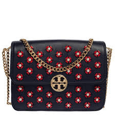 Tory Burch Blue Leather Duet Chain Embellished Shoulder/Crossbody Bag