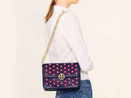 Tory Burch Blue Leather Duet Chain Embellished Shoulder/Crossbody Bag