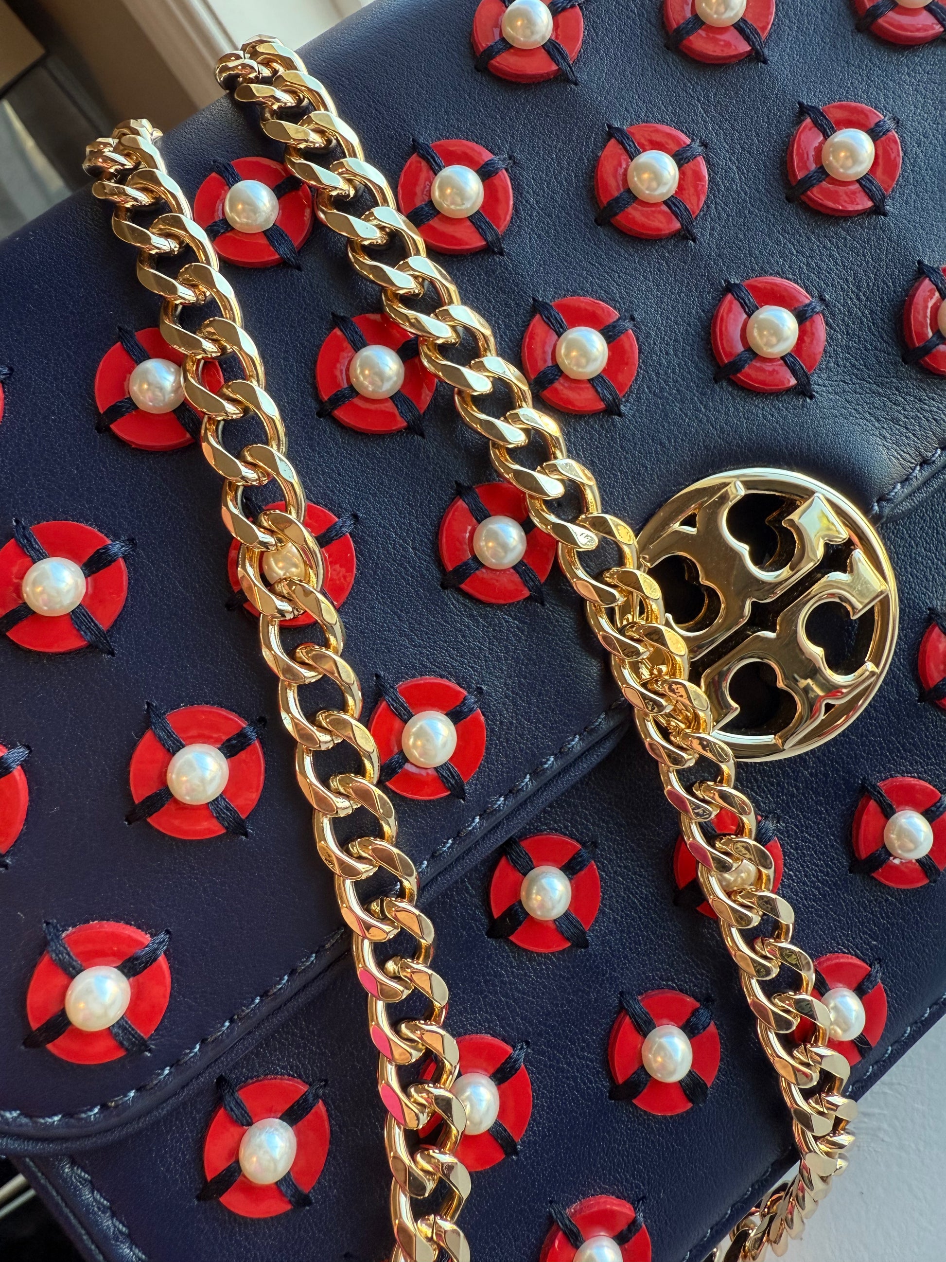 Tory Burch Blue Leather Duet Chain Embellished Shoulder/Crossbody Bag