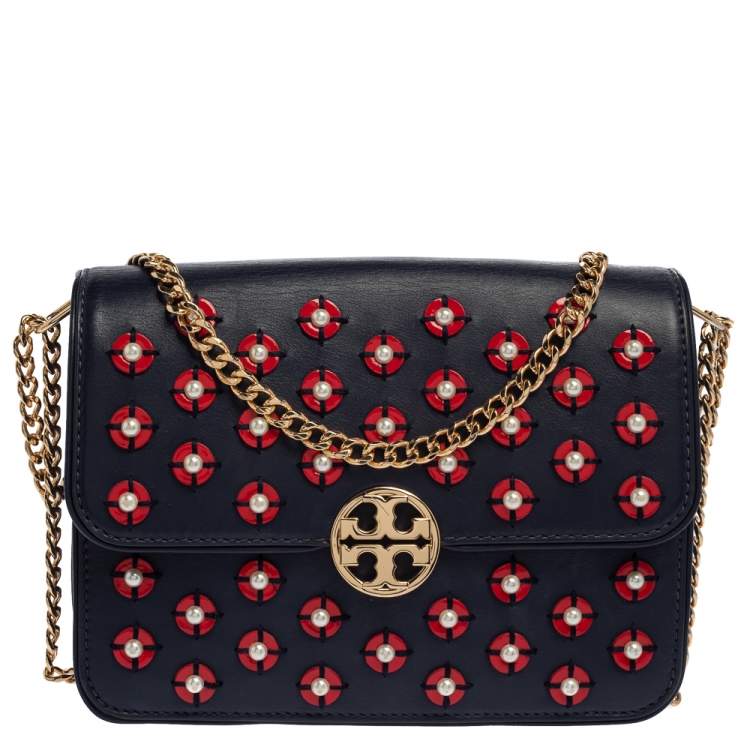 Tory Burch Blue Leather Duet Chain Embellished Shoulder/Crossbody Bag