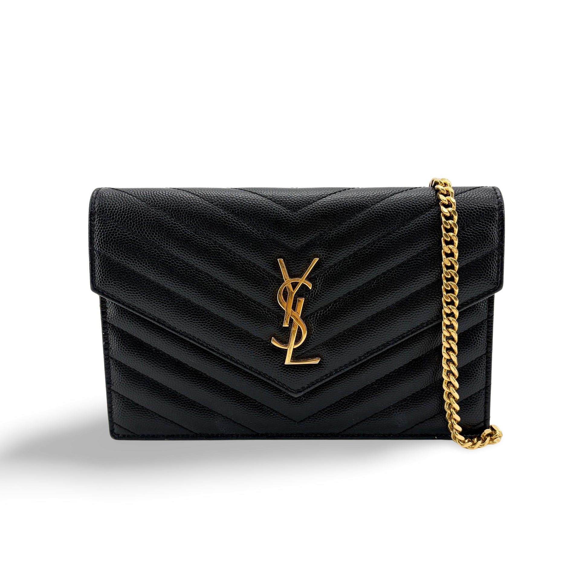 Saint Laurent YSL Matelasse Monogram Chain Wallet Black with Gold Hardware - NIDHALHAUS